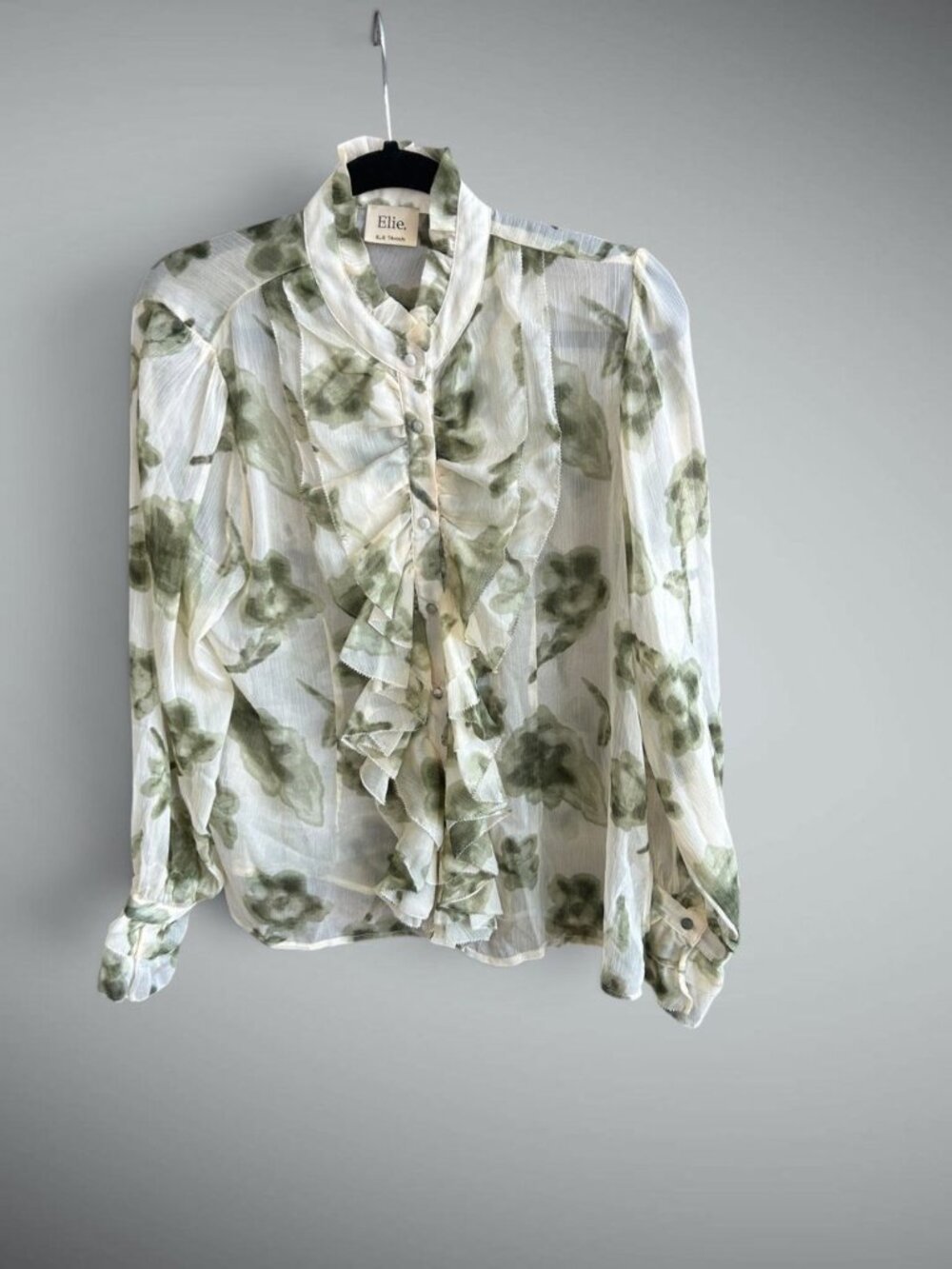 Elie Tahari Sheer Abstract Green Floral Ruffle Front Blouse Size XL